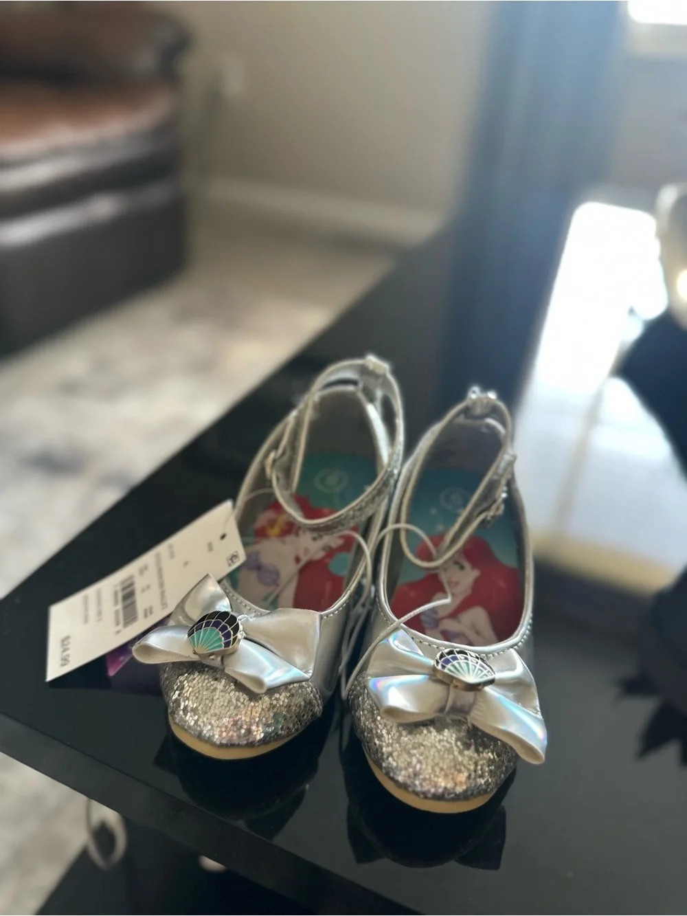 Disney Silver Glitter Ariel Bow Mary Jane Kids Shoes